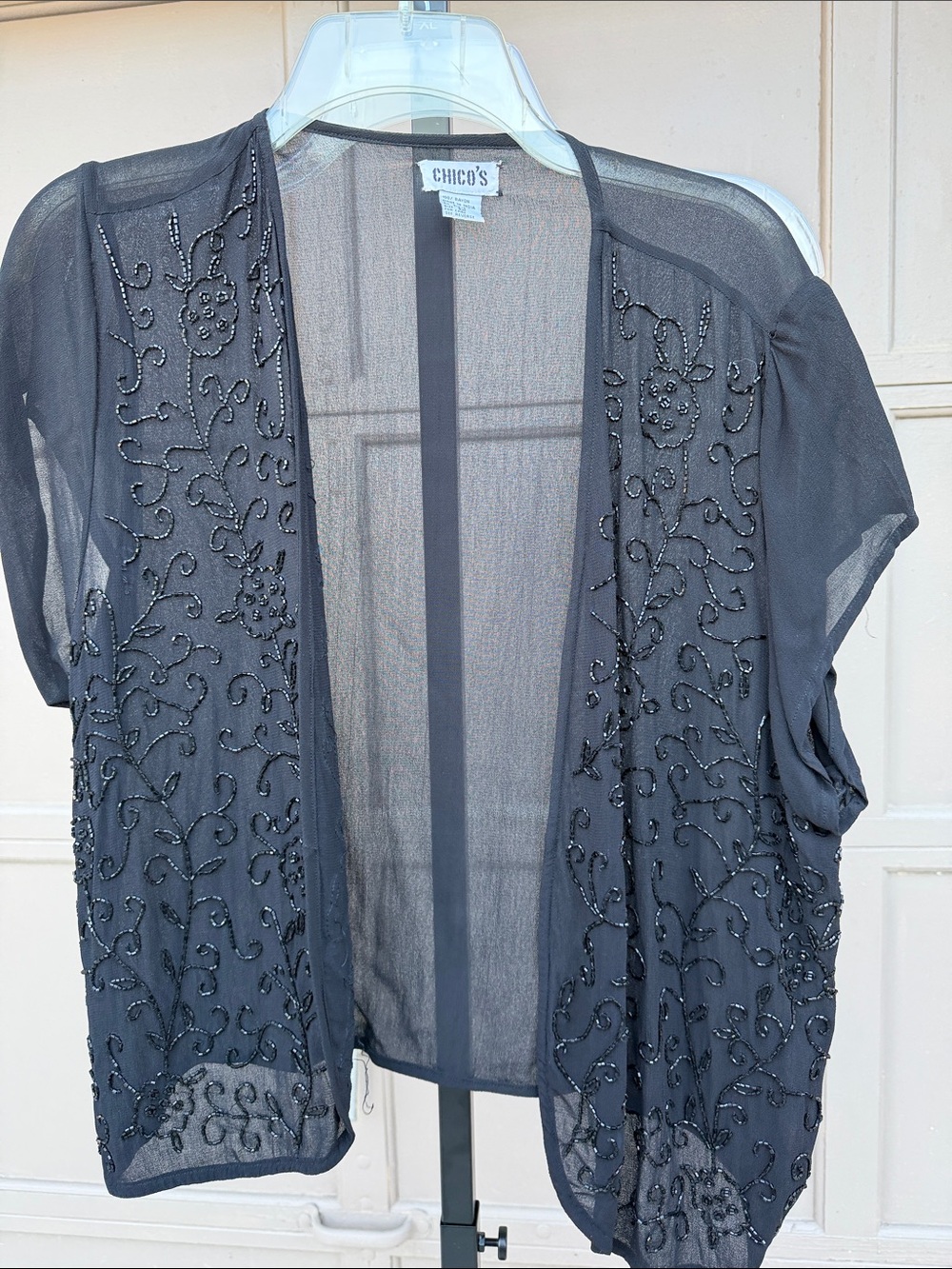 Chico's Black Sheer Open-Front Cardigan with Beaded Floral Embroidery